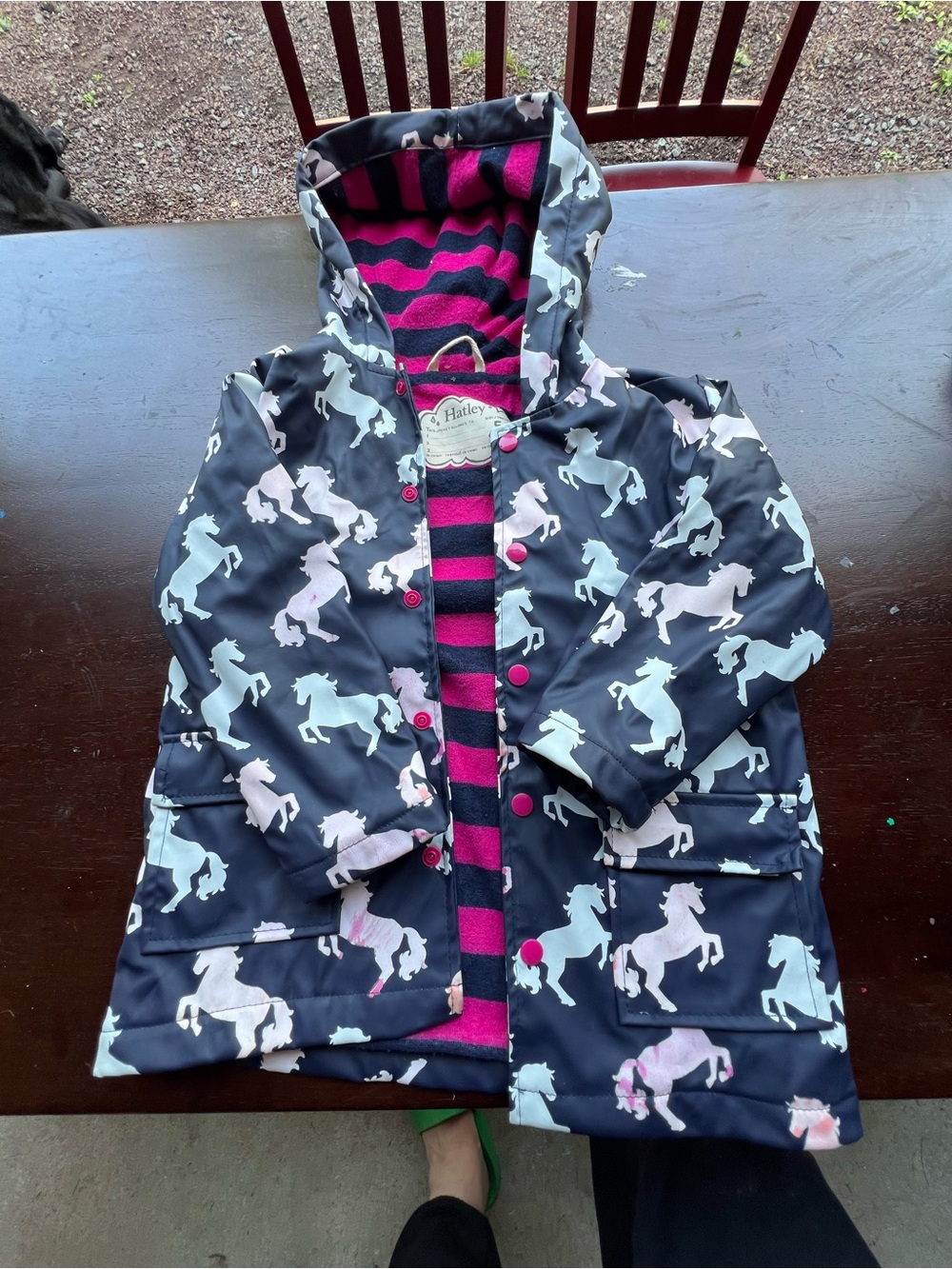 Hatley Navy and Bright Pink Striped Hooded Rain Jacket